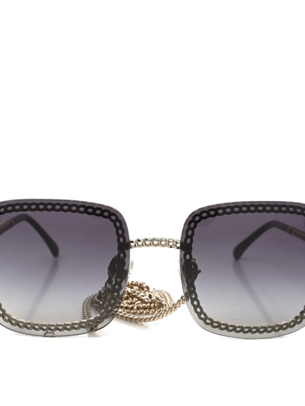 CHANEL Black Gradient Square Sunglasses with Gold Chain